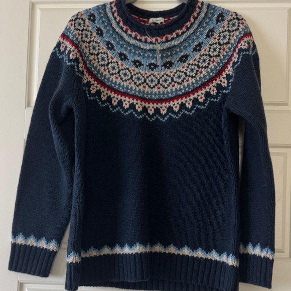 L.L. Bean Sweaters - L.L. Bean Navy Fair Isle Crewneck Sweater with Light Blue and Red Accents